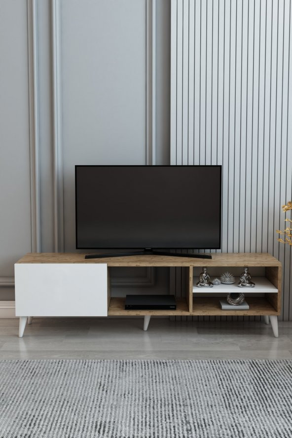 Izco Design Luna Tv Ünitesi 150 Cm Genişlik Çam Beyaz Tek Kapaklı Raflı Tv Sehpası