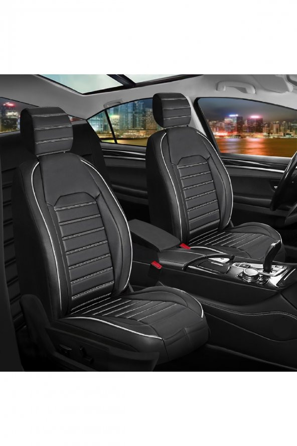 Jeep Comander Uyumlu Lüks Deri Oto Koltuk Kılıfı Ön/Arka 5Li Set Original Siyah-Beyaz