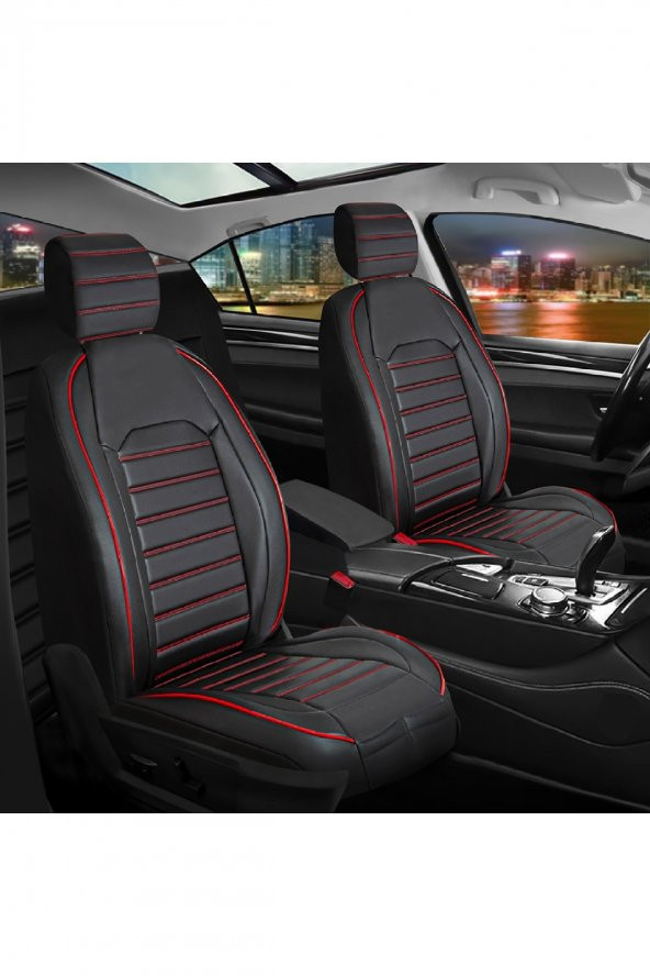 Volkswagen Touareg Uyumlu Lüks Deri Oto Koltuk Kılıfı Ön/Arka 5Li Set Original Siyah-Kırmızı