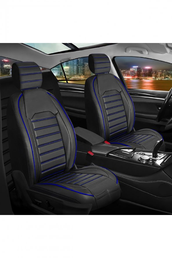 Jeep Comander Uyumlu Lüks Deri Oto Koltuk Kılıfı Ön/Arka 5Li Set Original Siyah-Mavi