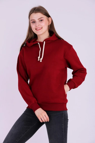 Bordo Basic Oversize Kadın Kapüşonlu Hoodie 3 iplik Sweatshirt - Resim 5