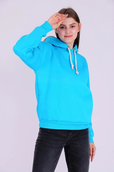 Turkuaz Basic Oversize Kadın Kapüşonlu Hoodie 3 iplik Sweatshirt - Resim 5