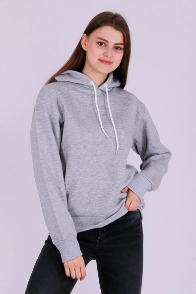 Gri Basic Oversize Kadın Kapüşonlu Hoodie 3 iplik Sweatshirt - Resim 5