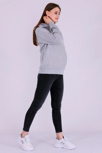 Gri Basic Oversize Kadın Kapüşonlu Hoodie 3 iplik Sweatshirt - Resim 3