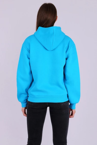 Turkuaz Basic Oversize Kadın Kapüşonlu Hoodie 3 iplik Sweatshirt - Resim 7