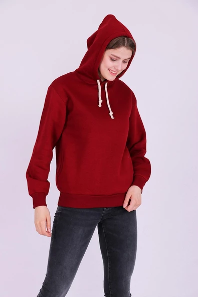 Bordo Basic Oversize Kadın Kapüşonlu Hoodie 3 iplik Sweatshirt - Resim 3