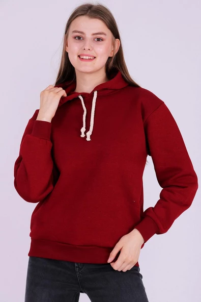Bordo Basic Oversize Kadın Kapüşonlu Hoodie 3 iplik Sweatshirt - Resim 7