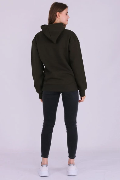 Haki Basic Oversize Kadın Kapüşonlu Hoodie 3 iplik Sweatshirt - Resim 4