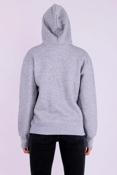 Gri Basic Oversize Kadın Kapüşonlu Hoodie 3 iplik Sweatshirt - Resim 7