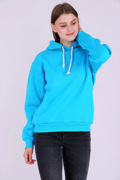 Turkuaz Basic Oversize Kadın Kapüşonlu Hoodie 3 iplik Sweatshirt - Resim 2