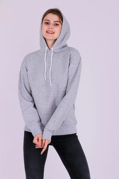 Gri Basic Oversize Kadın Kapüşonlu Hoodie 3 iplik Sweatshirt - Resim 4