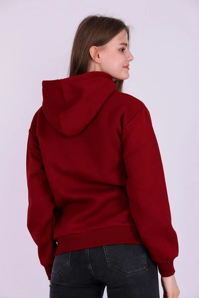 Bordo Basic Oversize Kadın Kapüşonlu Hoodie 3 iplik Sweatshirt - Resim 4