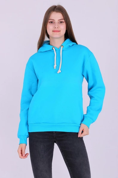 Turkuaz Basic Oversize Kadın Kapüşonlu Hoodie 3 iplik Sweatshirt - Resim 4