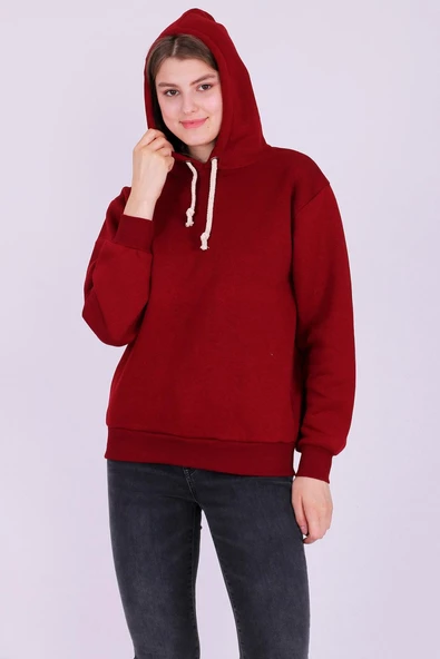Bordo Basic Oversize Kadın Kapüşonlu Hoodie 3 iplik Sweatshirt - Resim 2