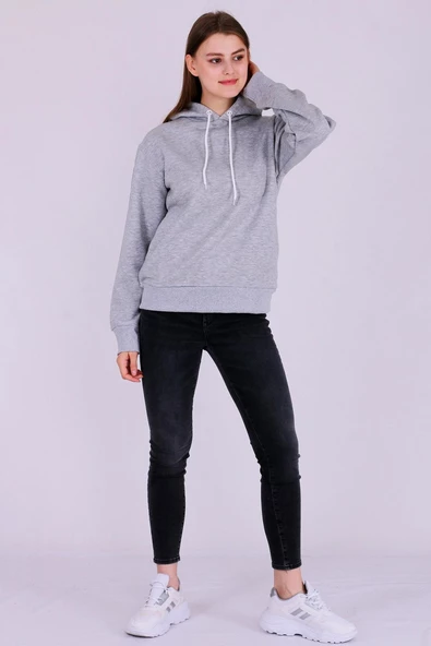 Gri Basic Oversize Kadın Kapüşonlu Hoodie 3 iplik Sweatshirt - Resim 2