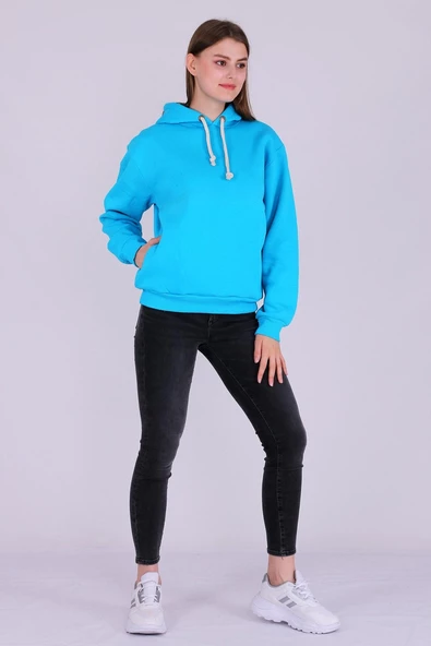 Turkuaz Basic Oversize Kadın Kapüşonlu Hoodie 3 iplik Sweatshirt - Resim 6