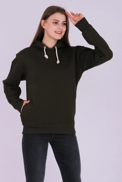 Haki Basic Oversize Kadın Kapüşonlu Hoodie 3 iplik Sweatshirt - Resim 3