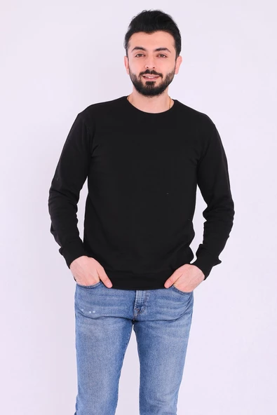 Siyah Basic Erkek 2 iplik Sweatshirt - 5