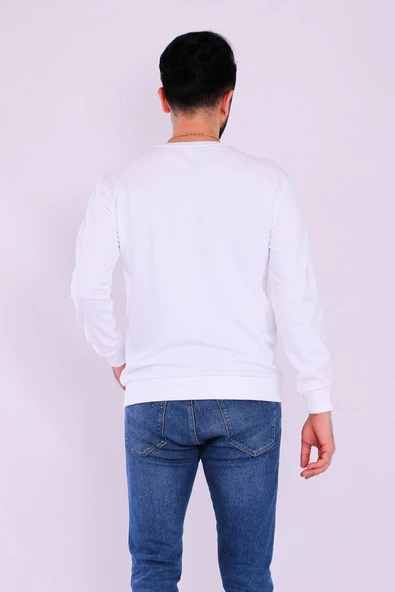 Beyaz Basic Erkek 2 iplik Sweatshirt - Resim 7