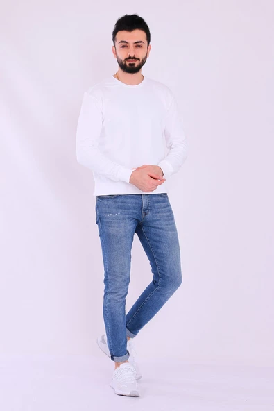 Beyaz Basic Erkek 2 iplik Sweatshirt - Resim 5