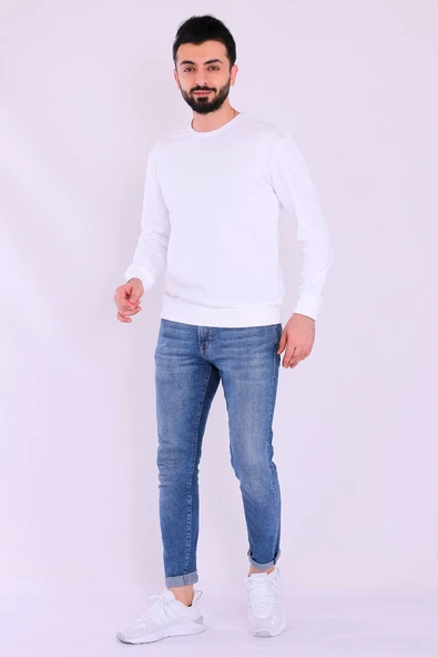 Beyaz Basic Erkek 2 iplik Sweatshirt - Resim 4