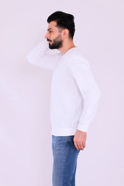 Beyaz Basic Erkek 2 iplik Sweatshirt - Resim 2