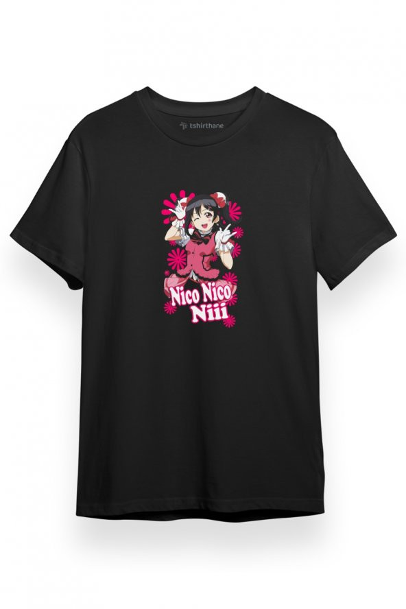 Love Live Anime Nico Nico Pink Poster Siyah Kısa kol Erkek Tshirt