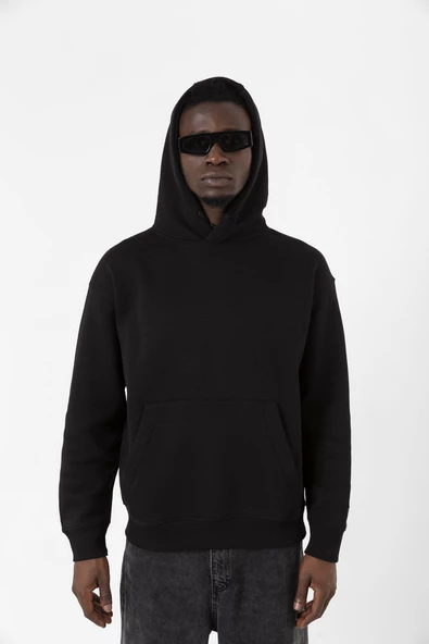 Siyah Basic Oversize Erkek Kapüşonlu Hoodie 3 iplik Sweatshirt ürün görseli