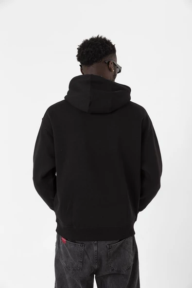 Siyah Basic Oversize Erkek Kapüşonlu Hoodie 3 iplik Sweatshirt - Resim 3