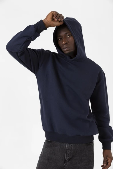 Lacivert Basic Oversize Erkek Kapüşonlu Hoodie 3 iplik Sweatshirt - Resim 7