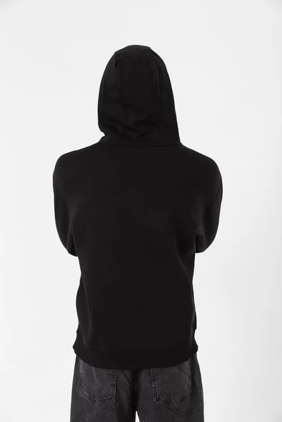 Siyah Basic Oversize Erkek Kapüşonlu Hoodie 3 iplik Sweatshirt - Resim 7