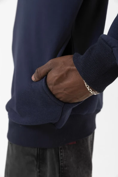 Lacivert Basic Oversize Erkek Kapüşonlu Hoodie 3 iplik Sweatshirt - Resim 8