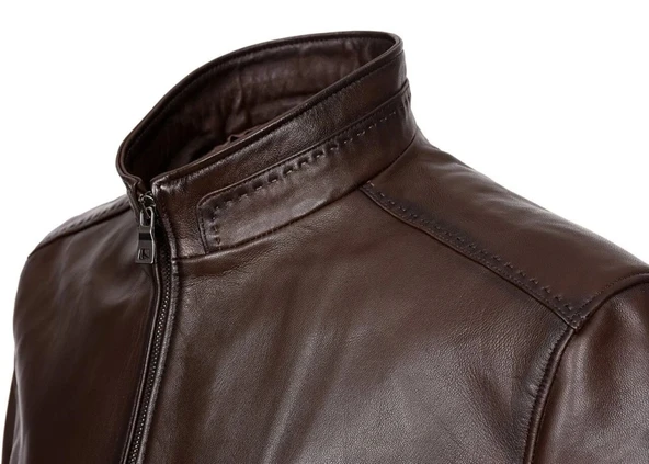 Fındık Renk Beli Ve Kolu Lastikli Deri Mont - 12