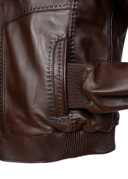 Fındık Renk Beli Ve Kolu Lastikli Deri Mont - 7