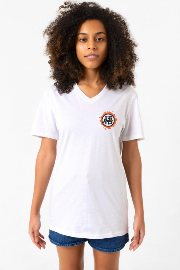 Dragon Ball Z Anime Logo Beyaz Kadın V yaka Tshirt