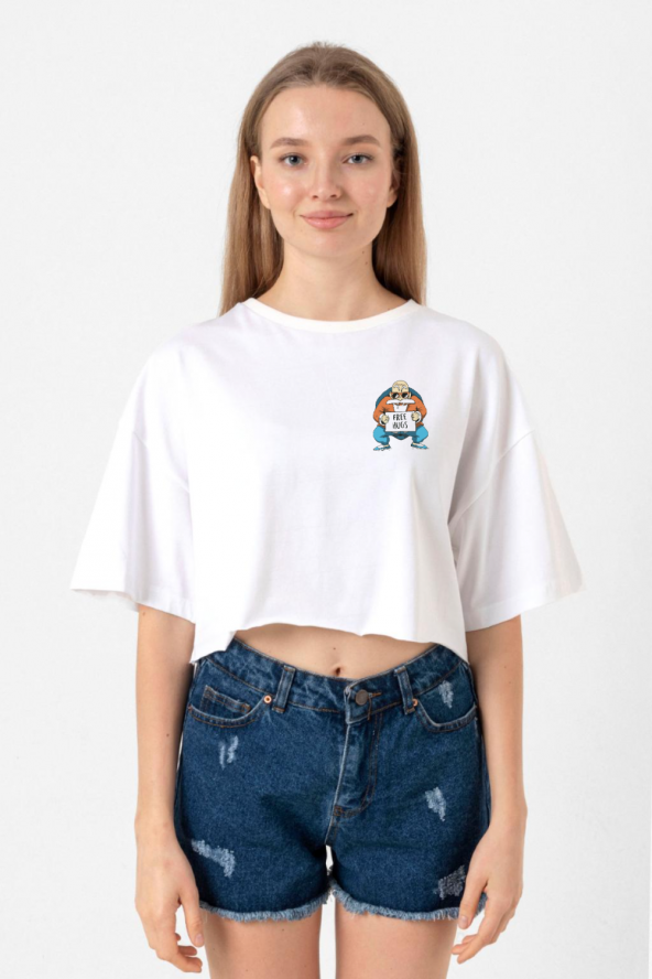 Dragon Ball Z Anime Master Roshi Free Hugs Beyaz Kadın Crop Tshirt