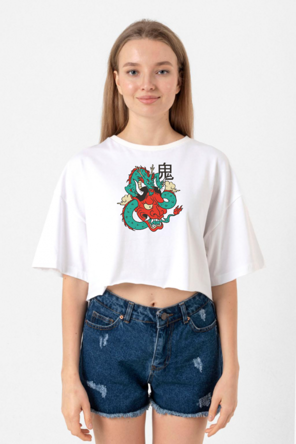 Dragon Samurai Anime Beyaz Kadın Crop Tshirt