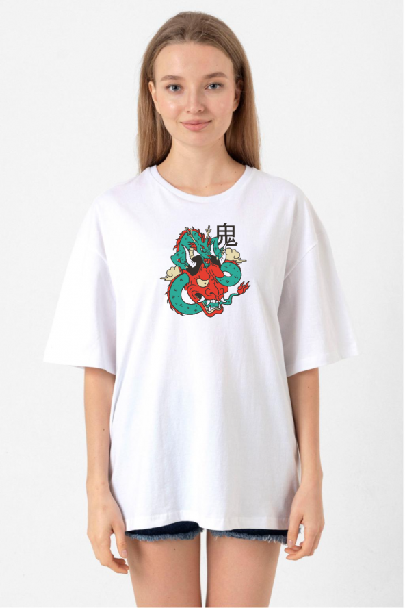 Dragon Samurai Anime Beyaz Kadın Oversize Tshirt
