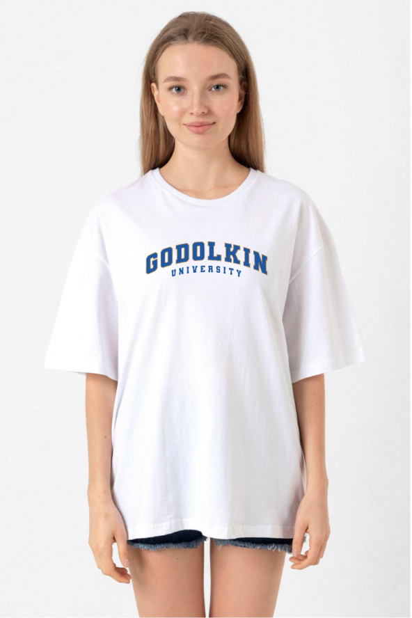Gen V Godolkin University Letter Beyaz Kadın Oversize Tshirt