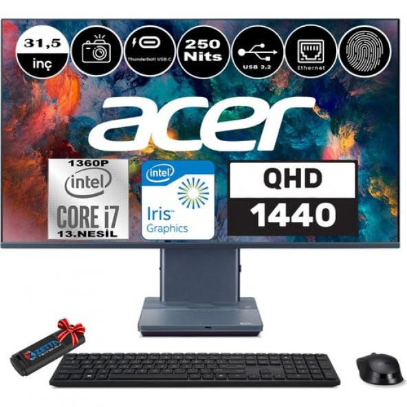 Acer Aspıre S32-1856 Intel Core I7-1360P 16GB 512GB SSD 31,5 Quad Hd 1440P Windows 11 Home Touchpad Parmak Izi Okuyucu All In One Bilgisayar WHDQBL6EM001+ Zetta Flash Bellek