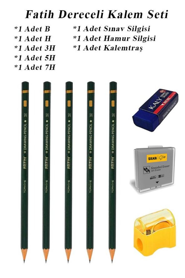 Resim Kalemi Fatih Dereceli Kalem Seti Karakalem Seti B H 3H 5H 7H 8li Set Sınav Silgisi ve Hamur Silgi Kalemtraş