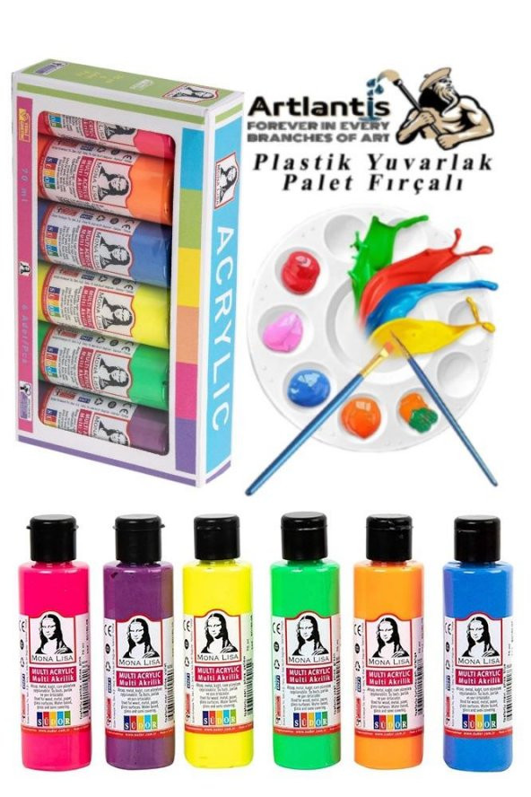 Monalisa Akrilik Boya 6 Renk x 70 ml Fosforlu Neon Renkler 1 Paket ve Yuvarlak Resim Paleti Fırçalı 1 Paket 10 Hazneli Boya Paleti Sanatsal Boyalar İçin Palet Akrilik Boya - 1