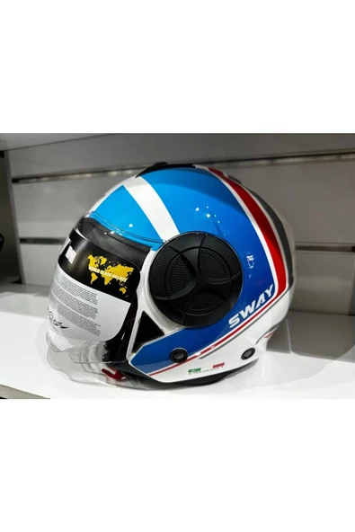 KASK SWAY SW-737 PARLAK BEYAZ/MAVİ/KIRMIZI ÇENESİZ GÜNEŞ GÖZLÜKLÜ