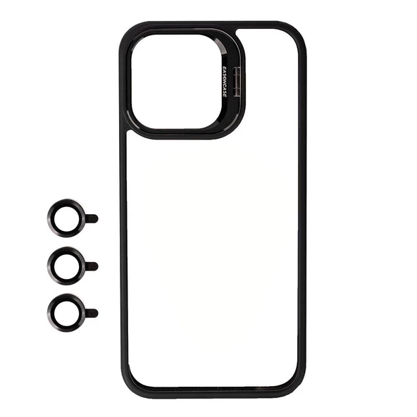 Gpack Apple iPhone 15 Pro Kılıf Cam Kapak Kamera Korumalı Standlı Metal Lensli