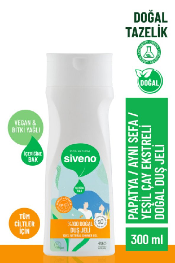 Siveno %100 Doğal Duş Jeli Sebum Dengeleyici Rahatlatıcı Aynısefa Papatya Yeşilçay Vegan 300 ml