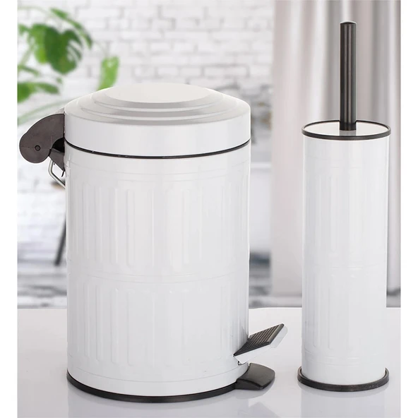 Pedallı Çöp Kovası Tuvalet Wc Fırçası Banyo Çöp Kovası 2li Banyo Seti 5 Litre Beyaz Vintage