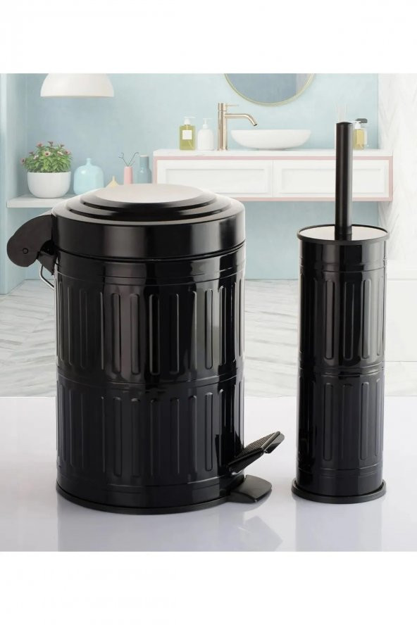Pedallı Çöp Kovası Tuvalet Wc Fırçası Banyo Çöp Kovası 2li Banyo Seti 5 Litre Siyah Vintage