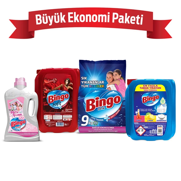 Bingo Büyük Ekonomi Paketi ; Çamaşır Yumuşatıcısı + Bulaşık Sıvısı + Yüzey Temizleyicisi Mutlu Yuvam