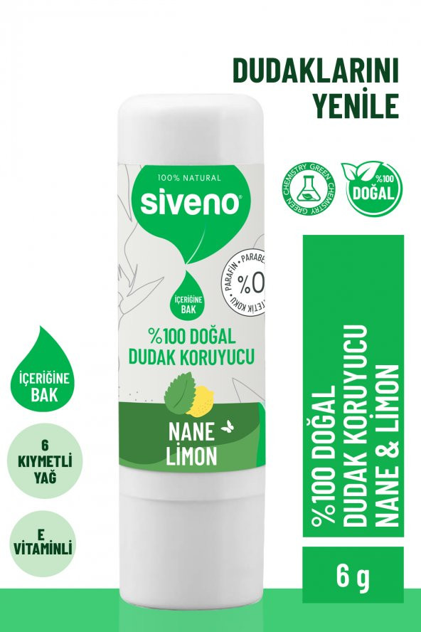 Siveno %100 Doğal Dudak Koruyucu Nane & Limon Bitkisel Lipbalm Krem Nemlendirici Parlatıcı Onarıcı 6 G - 3