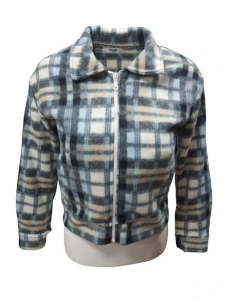 Viya V00792 Kadın Polar Ekose Kareli Fermuarlı Mini Ceket - Resim 5